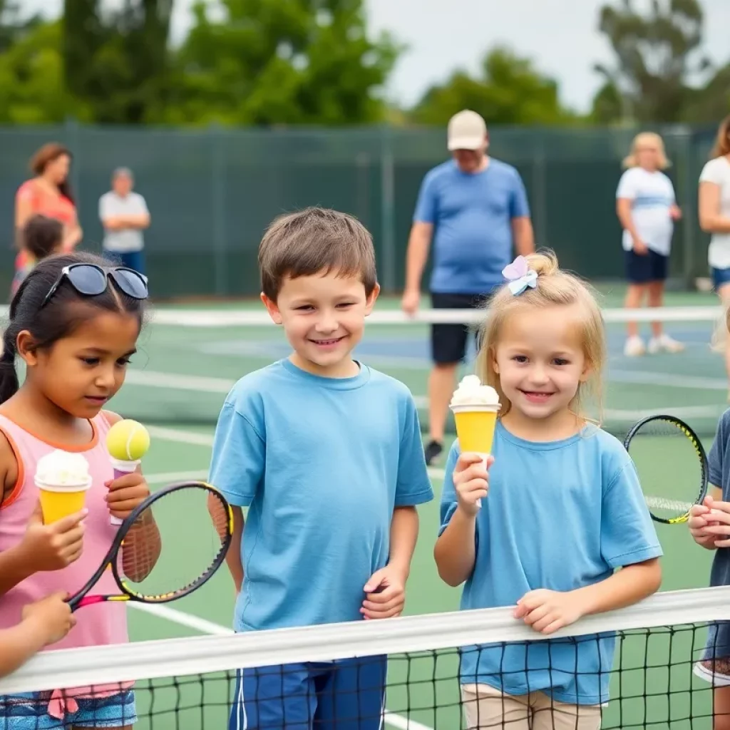 Children participating in tennis activities at Edwardsville High School Tennis Center