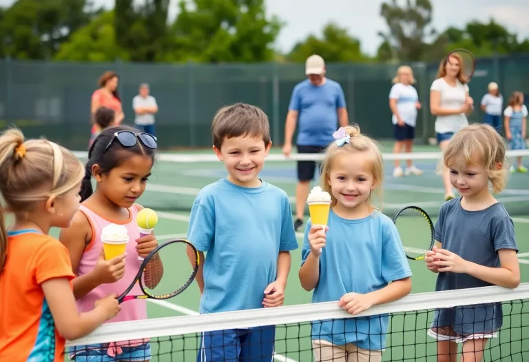 Children participating in tennis activities at Edwardsville High School Tennis Center