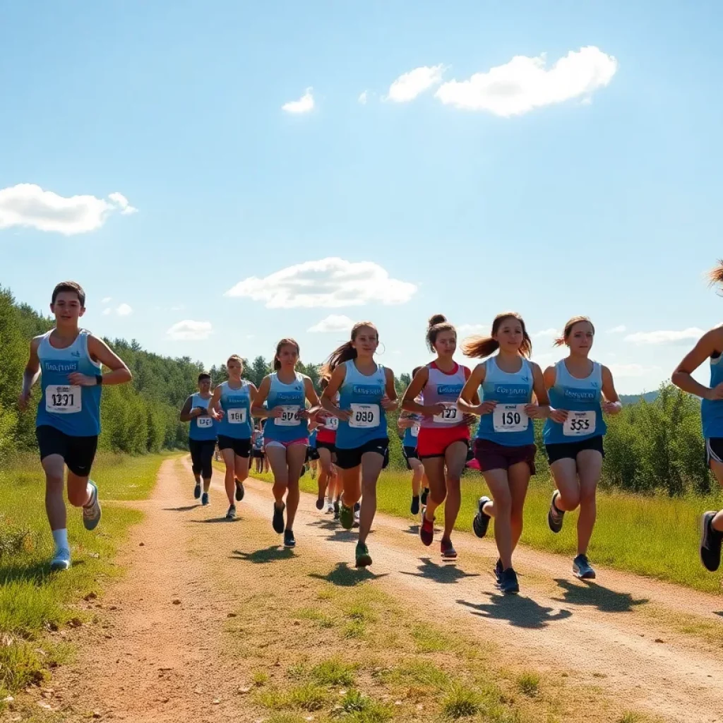 Students running on a cross country trail during practice.