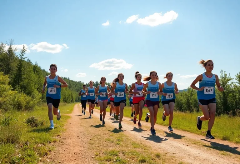 Students running on a cross country trail during practice.