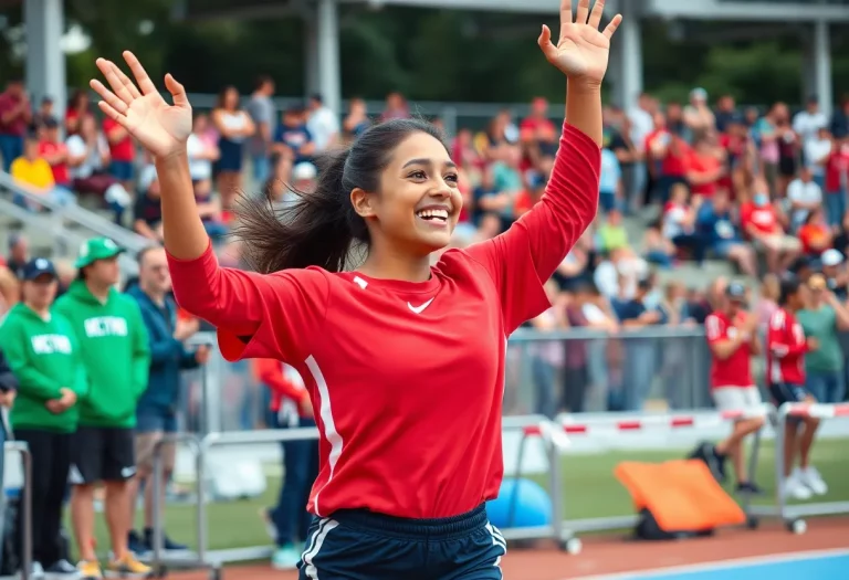 Female athlete celebrating victory in track and field