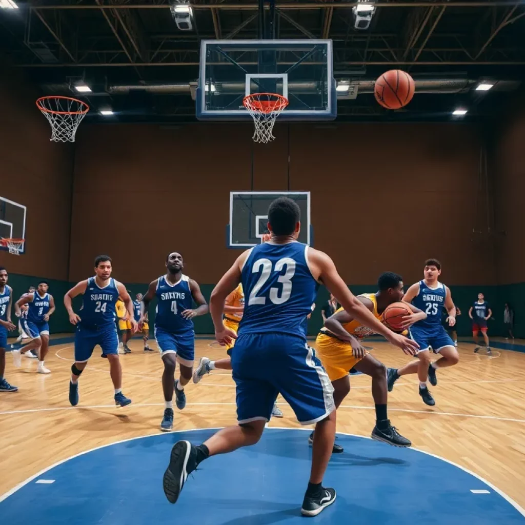 Basketball court with players in action