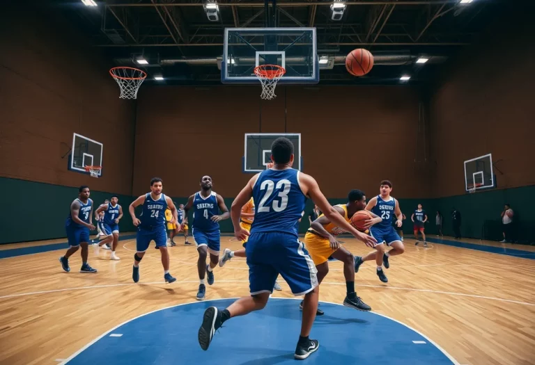 Basketball court with players in action