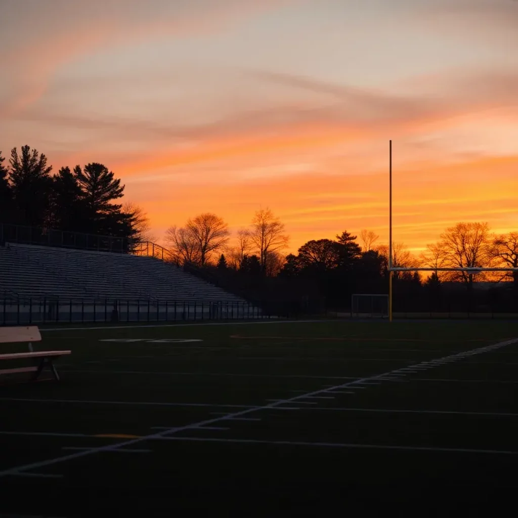An empty football field at twilight representing loss.