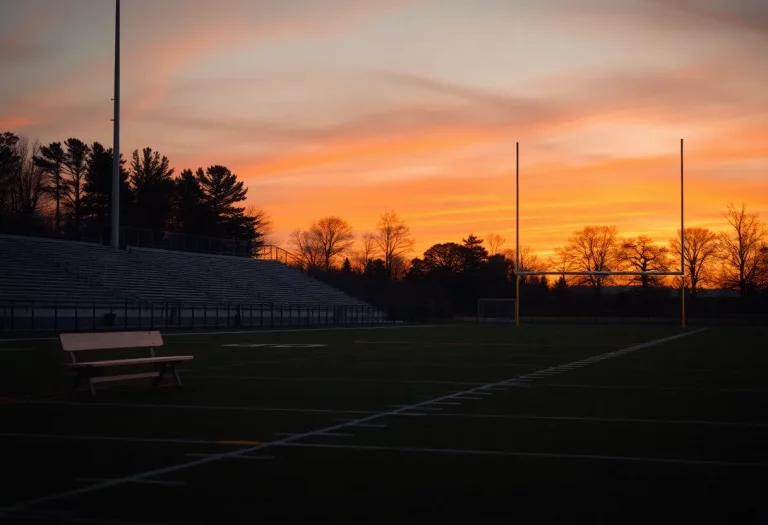 An empty football field at twilight representing loss.