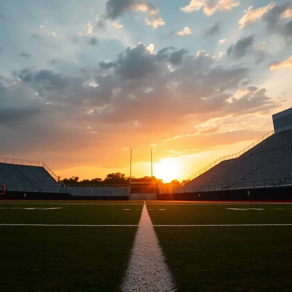 Empty high school football field at sunset