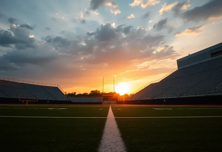 Empty high school football field at sunset