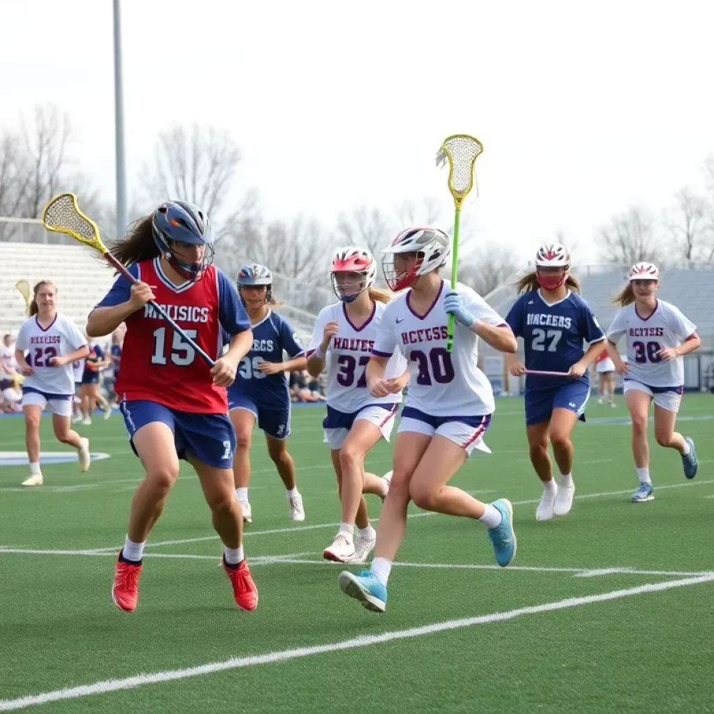 Falmouth high school lacrosse team in action during a match.