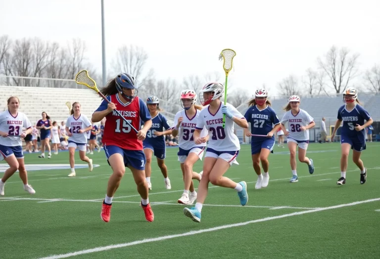 Falmouth high school lacrosse team in action during a match.