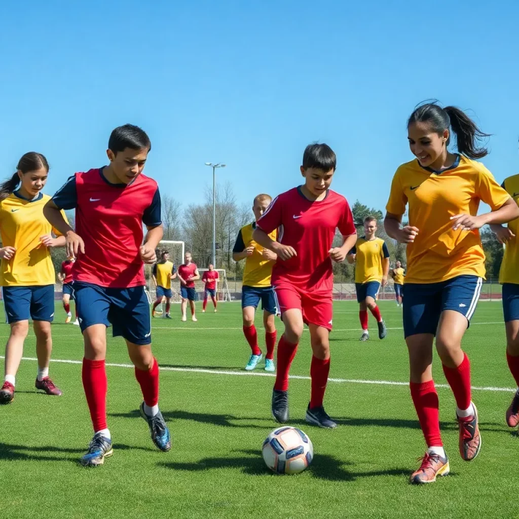 Soccer players practicing on the field at Father McGivney Catholic High School.
