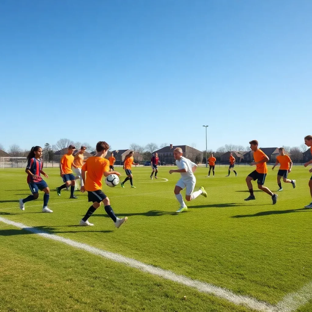 Boys soccer players in practice on a field at Fenwick High School.