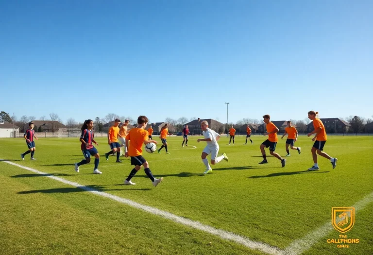 Boys soccer players in practice on a field at Fenwick High School.