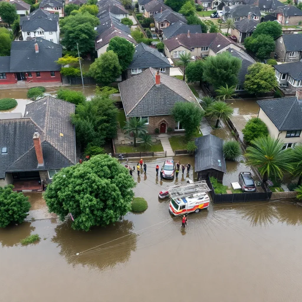 Aerial view of flooded town with rescue operations