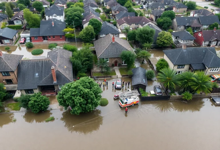 Aerial view of flooded town with rescue operations