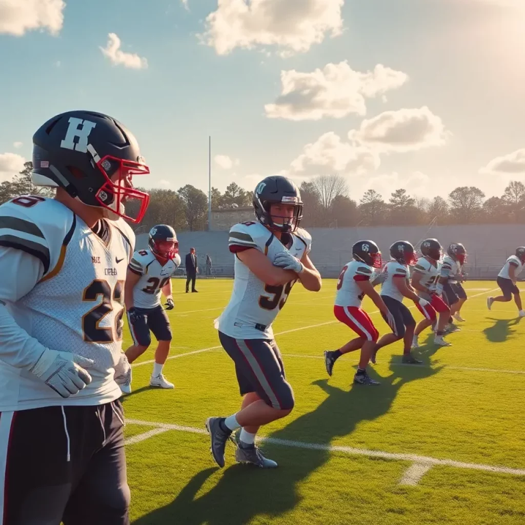 High school football players practicing on the field