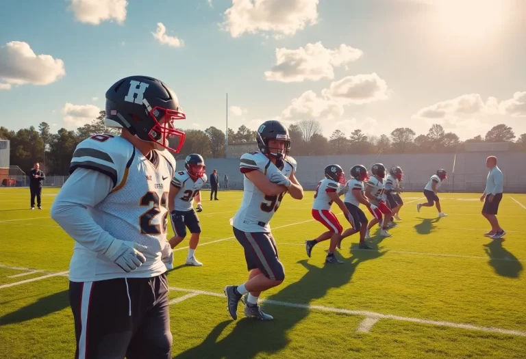 High school football players practicing on the field
