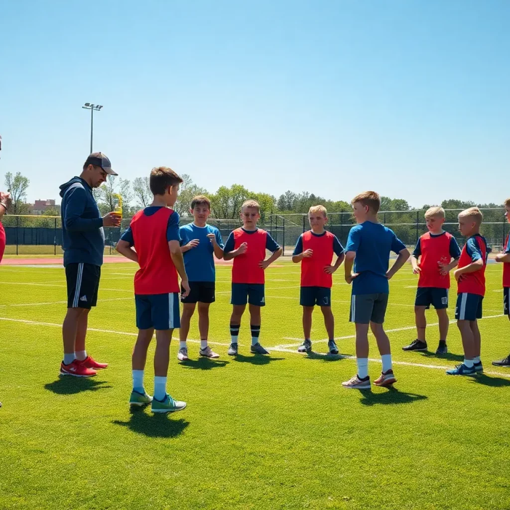 Young football players practicing under supervision with hydration stations