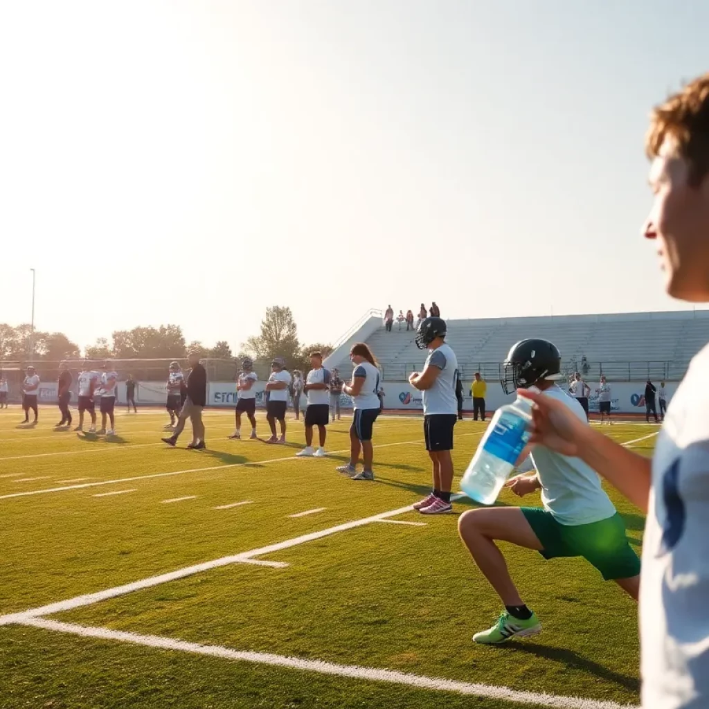 Football players taking a break during practice on a hot day.