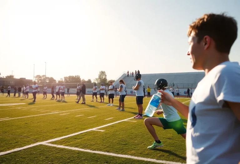 Football players taking a break during practice on a hot day.
