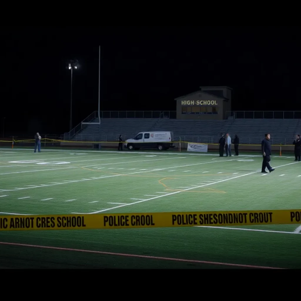 Police tape and emergency responders at a high school football field after a shooting