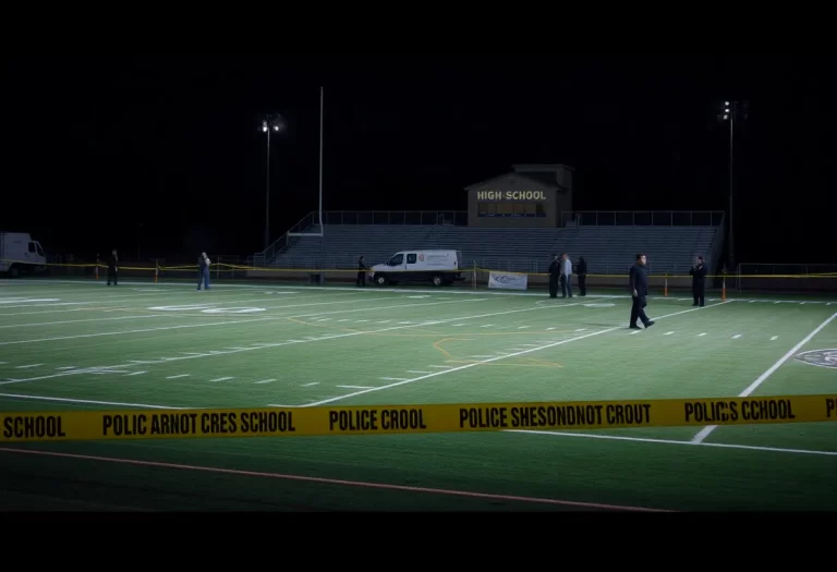 Police tape and emergency responders at a high school football field after a shooting