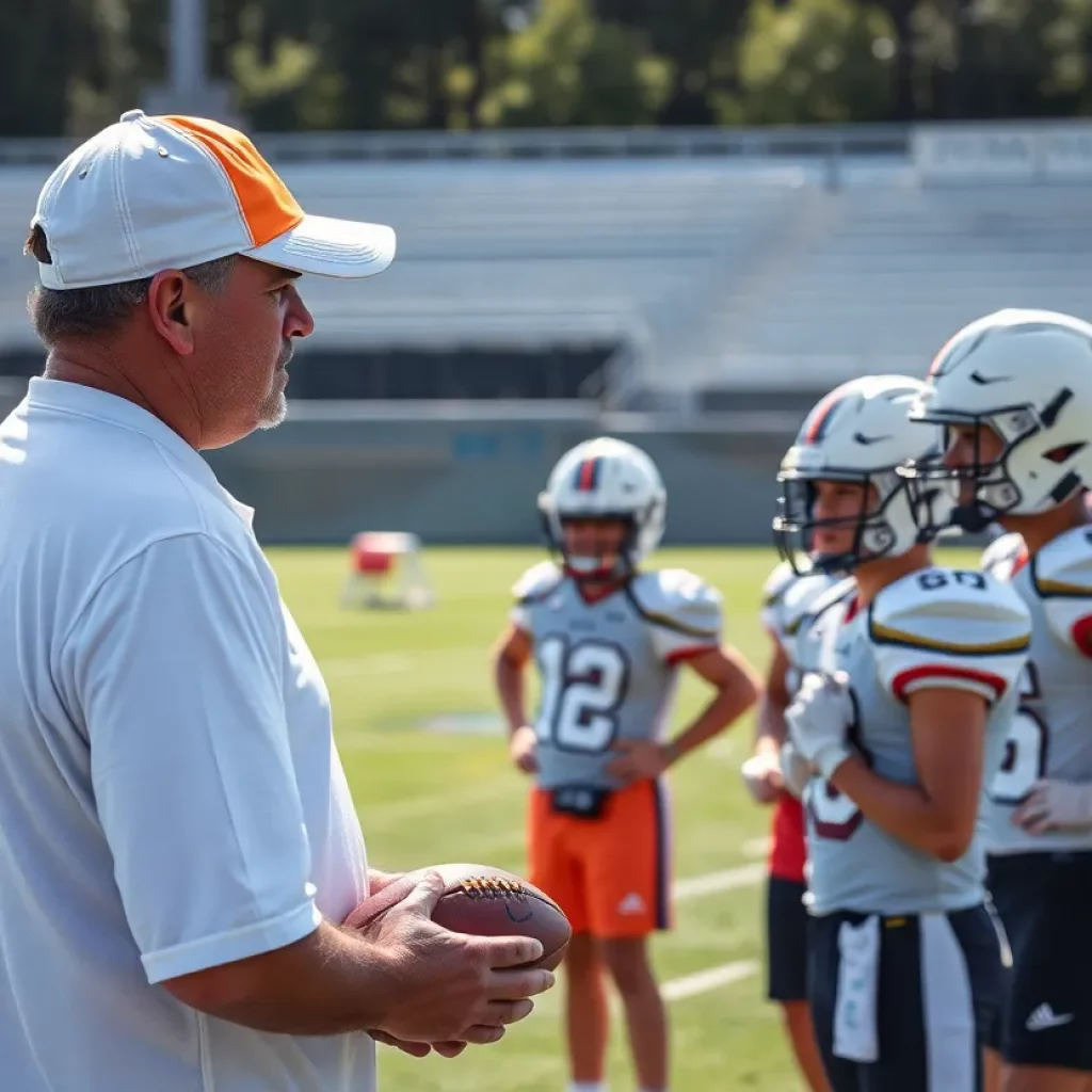 Young athletes practicing football in hot weather with hydration breaks.