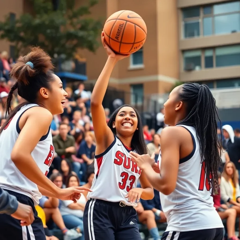 Community cheering for women's college basketball players.