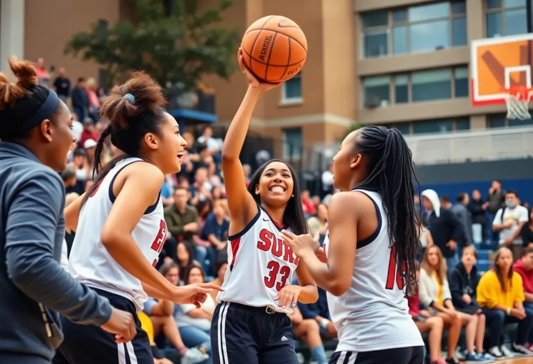 Community cheering for women's college basketball players.