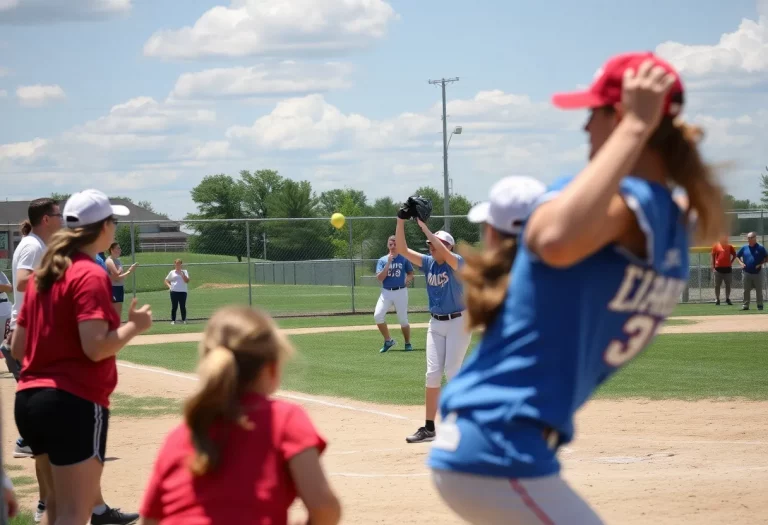 Exciting gameplay during the Iowa High School Softball Tournament at Rogers Park.