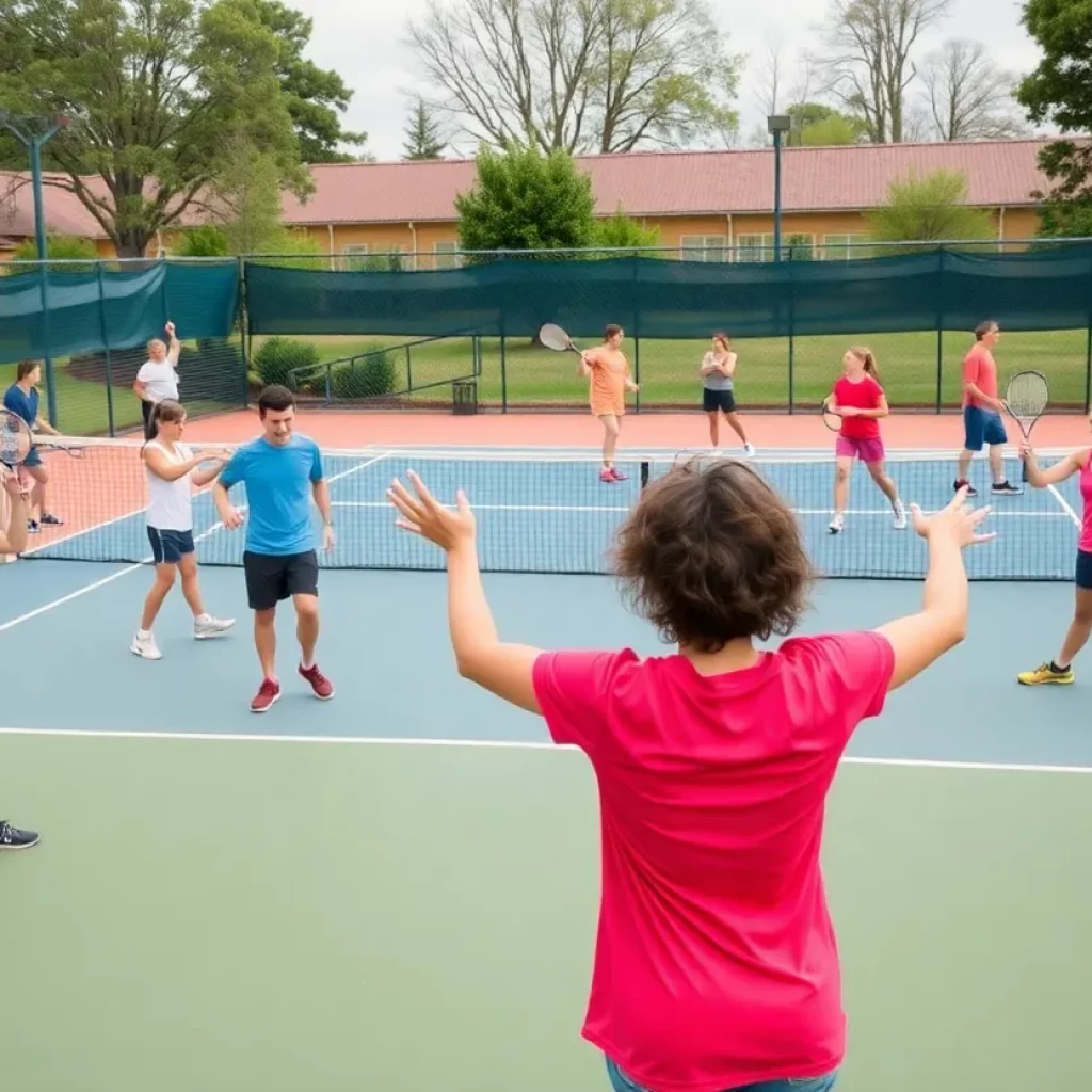 Players practicing tennis in a community court in Fort Fairfield