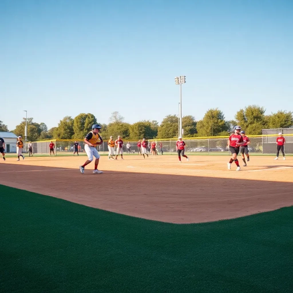 Exciting moment on the softball field showing teamwork and athleticism.