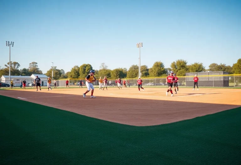 Exciting moment on the softball field showing teamwork and athleticism.
