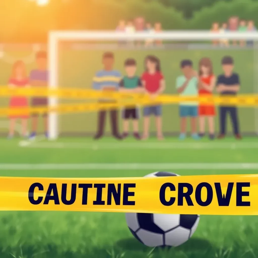 Soccer field with police tape depicting an investigation