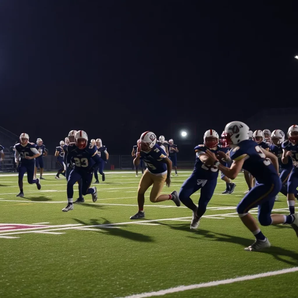 Energetic high school football scene with players under lights