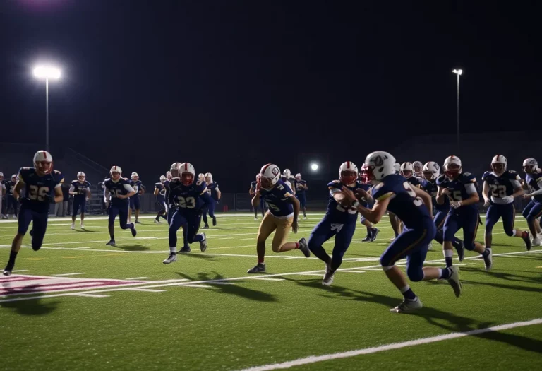 Energetic high school football scene with players under lights