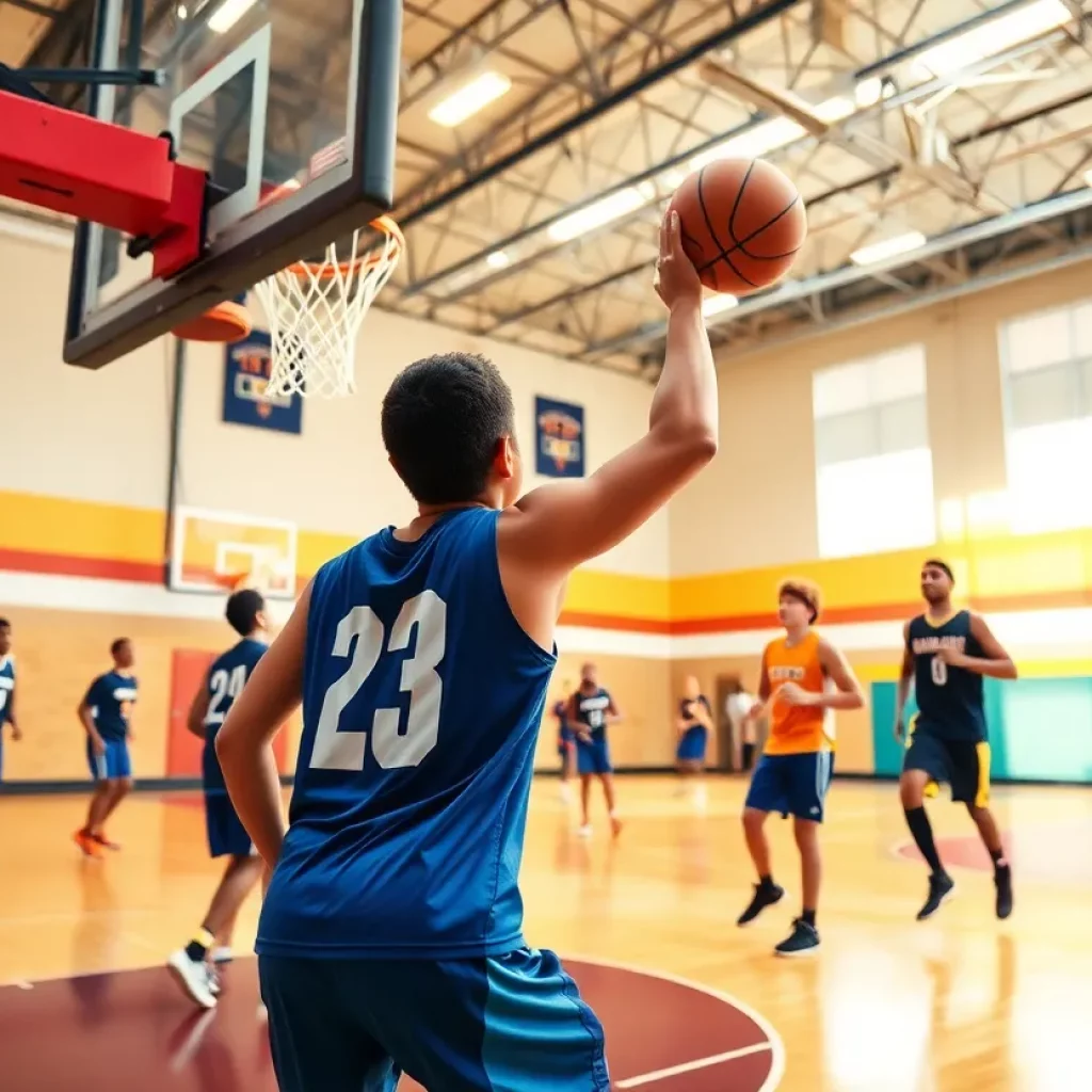Youth basketball players training on a vibrant court in Georgia.