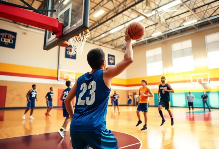 Youth basketball players training on a vibrant court in Georgia.