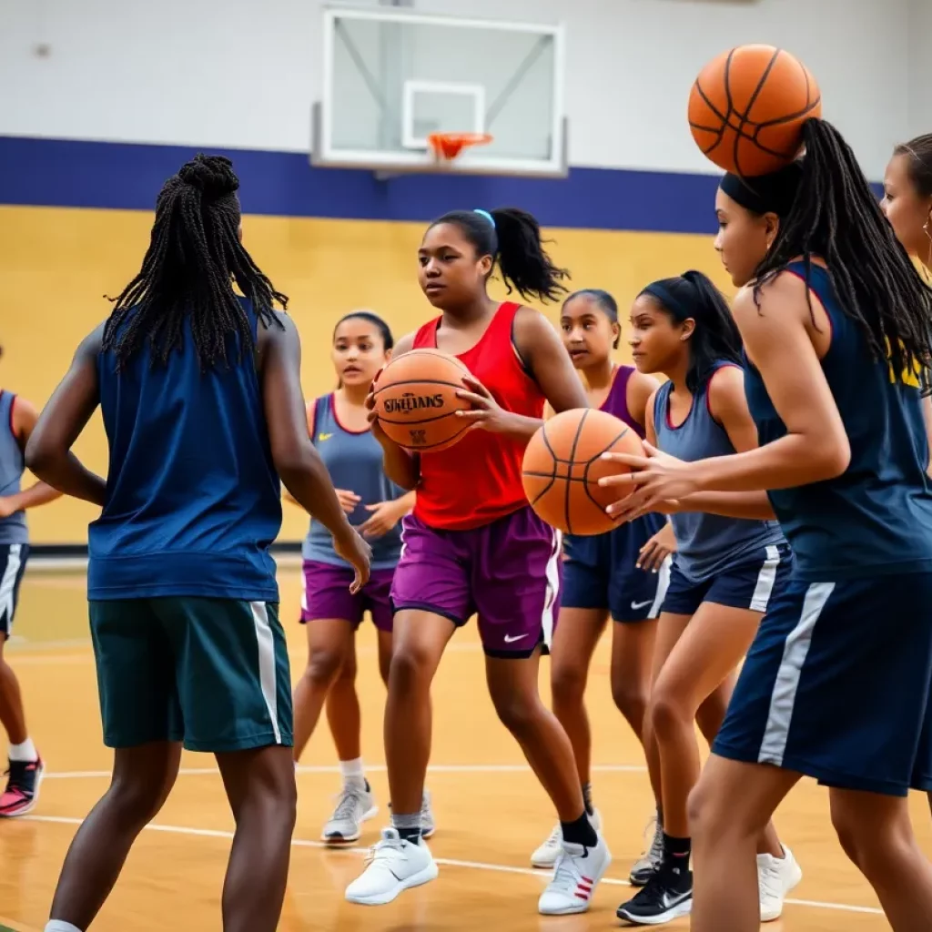 Girls basketball team practicing on court