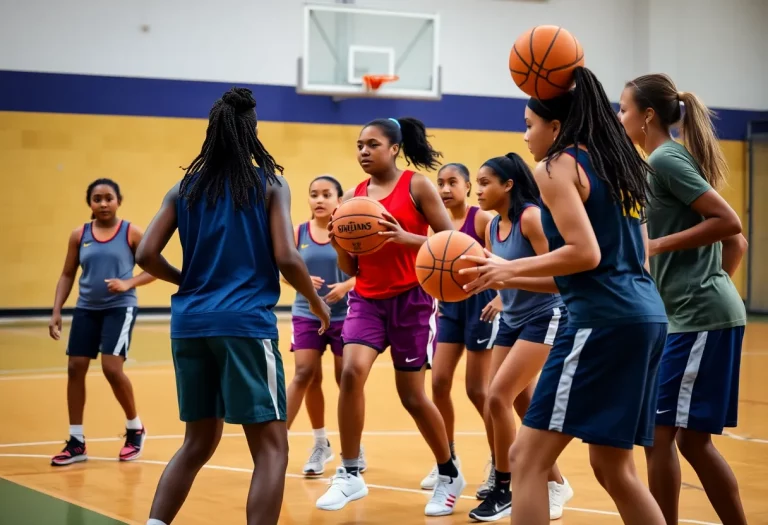 Girls basketball team practicing on court