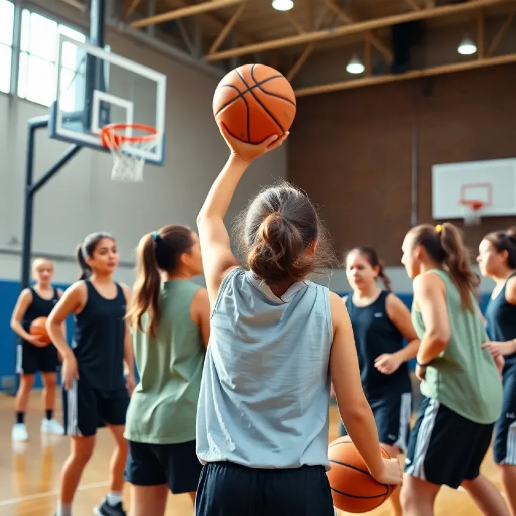 Girls basketball team engaged in a training session, emphasizing teamwork