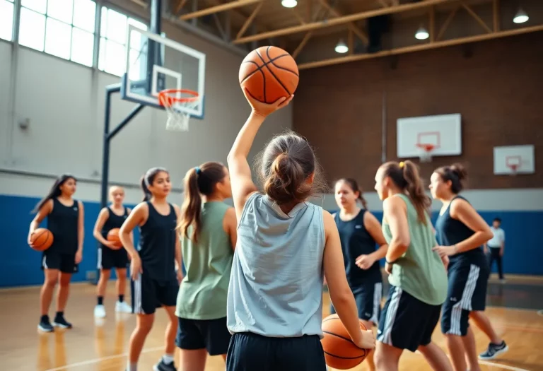 Girls basketball team engaged in a training session, emphasizing teamwork