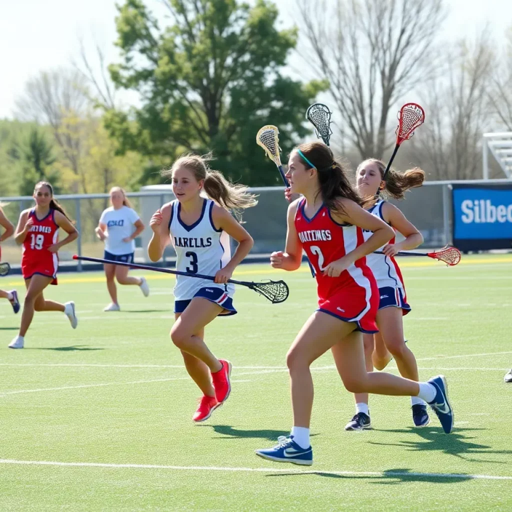 Girls high school lacrosse players in action on the field