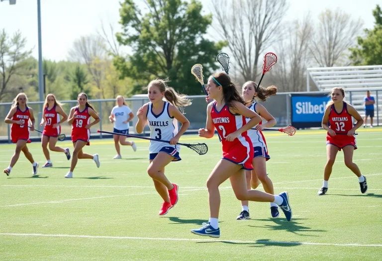 Girls high school lacrosse players in action on the field