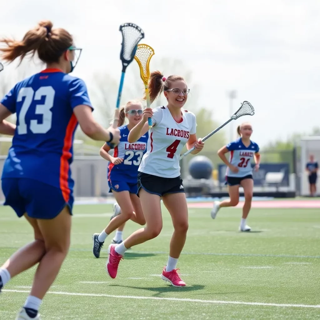 A girls lacrosse match showing players in action on the field.