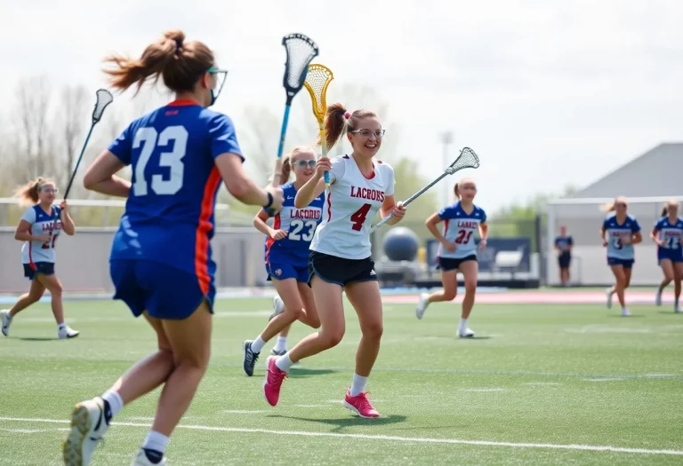 A girls lacrosse match showing players in action on the field.