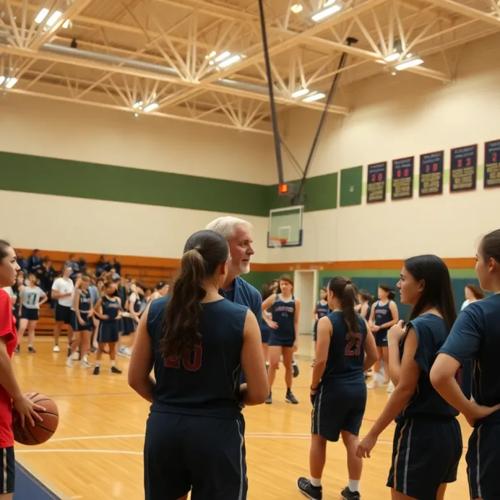 A coach guiding high school girls basketball players during practice