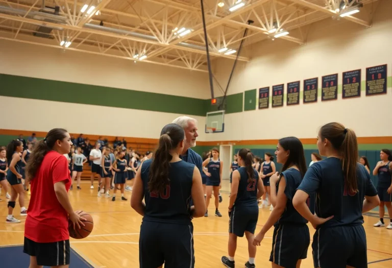 A coach guiding high school girls basketball players during practice
