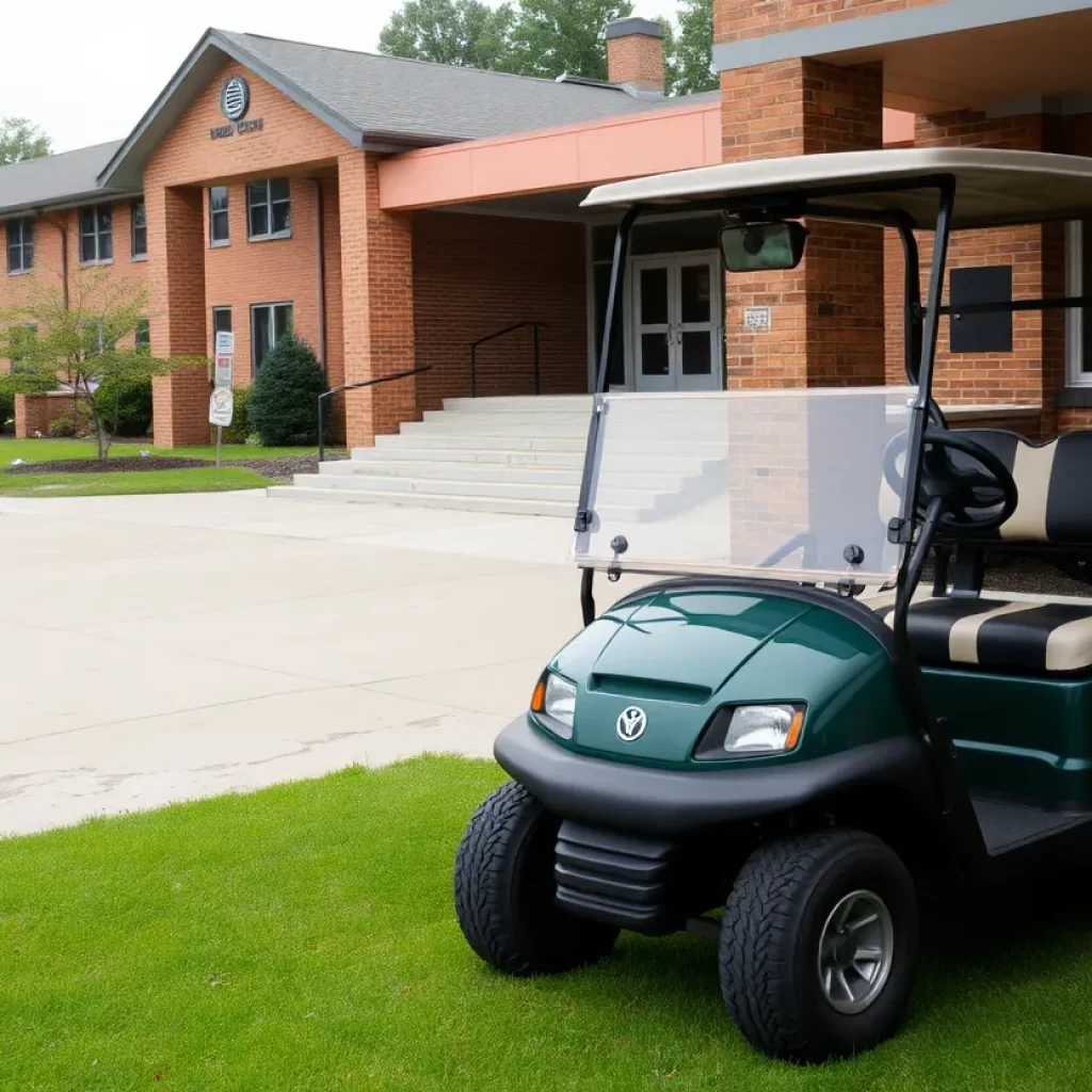 School-owned golf cart in front of Bay High School