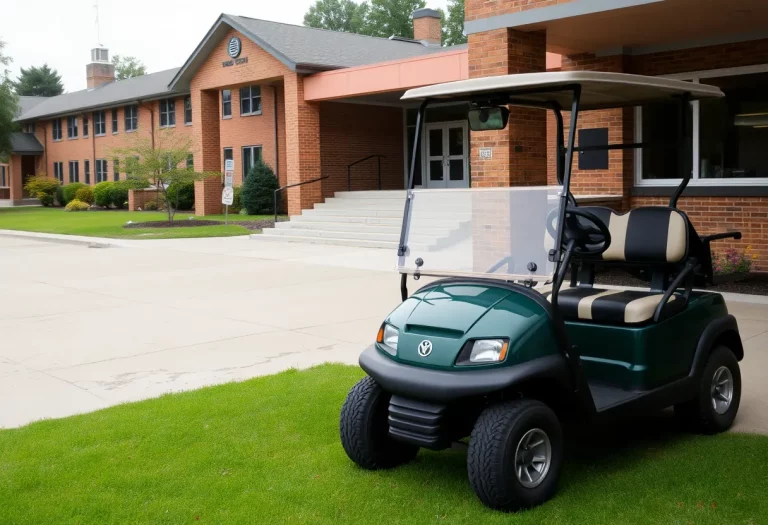 School-owned golf cart in front of Bay High School