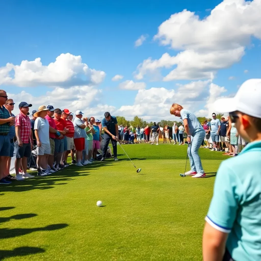 Golfers competing during the state championship with spectators cheering.